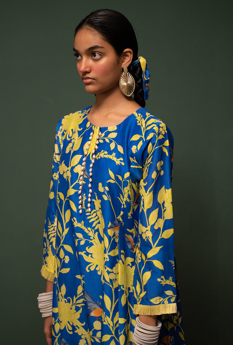 Blue Printed Long Sasha Kurta Set