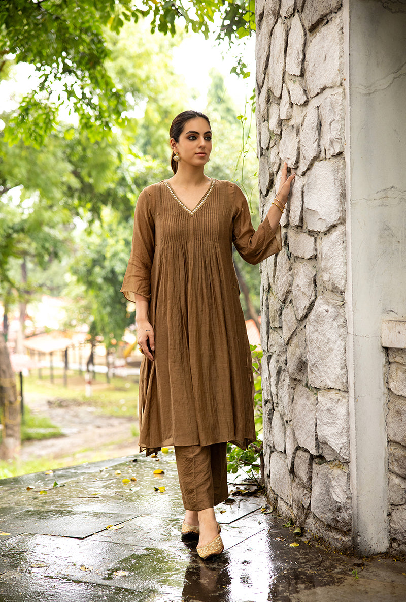 Brown Mirror And Dabka Work Dor Kurta Set