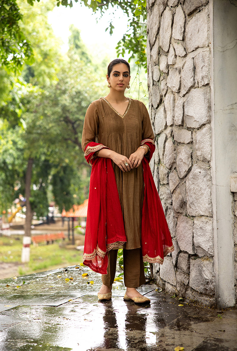 Brown Mirror And Dabka Work Dor Kurta Set