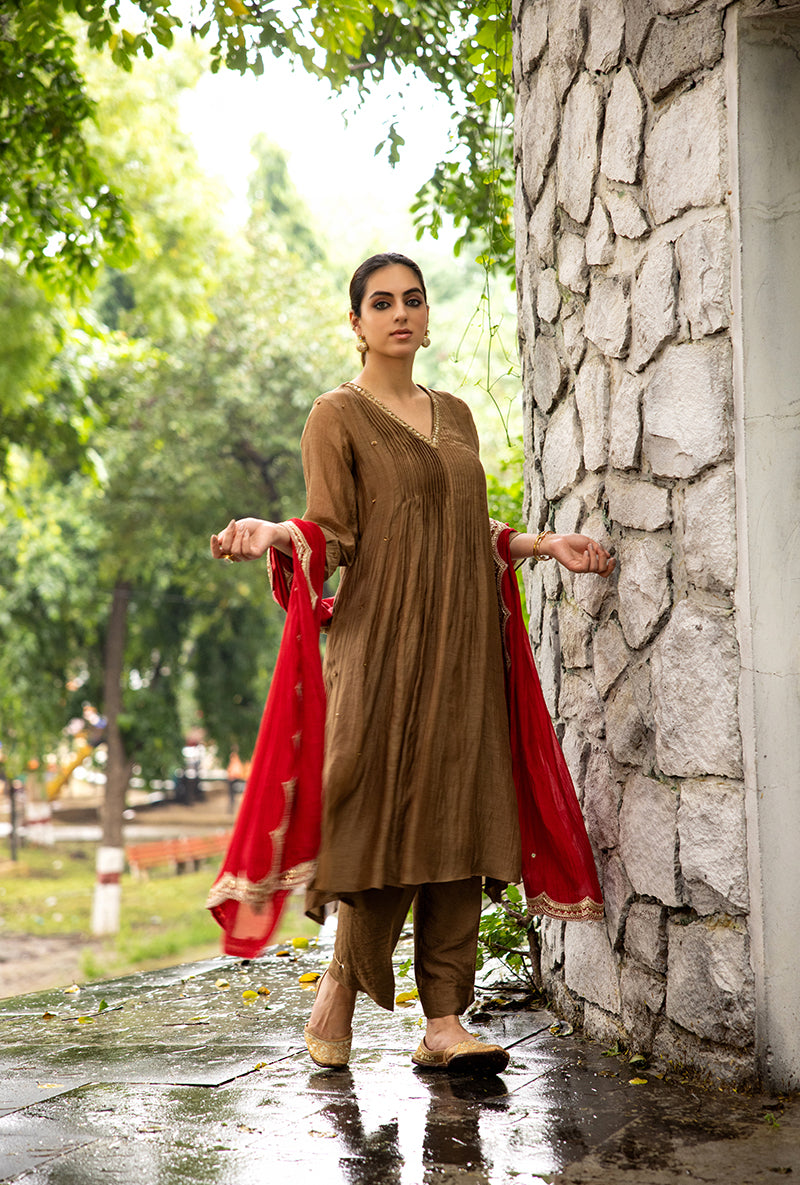 Brown Mirror And Dabka Work Dor Kurta Set