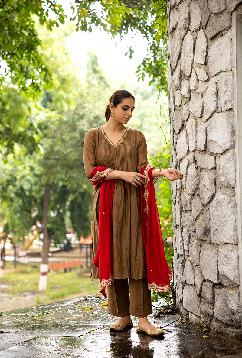 Brown Mirror And Dabka Work Dor Kurta Set
