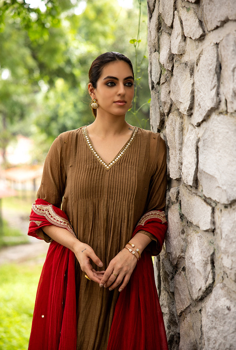 Brown Mirror And Dabka Work Dor Kurta Set