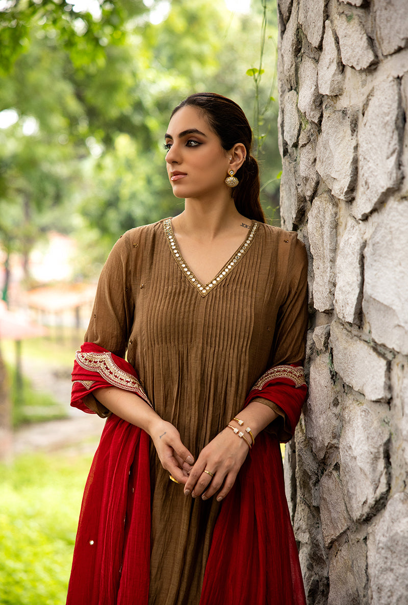 Brown Mirror And Dabka Work Dor Kurta Set