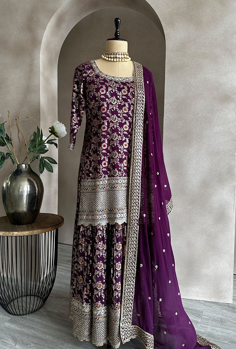 Deep Purple Multi Banarsi Hoor Gharara Set