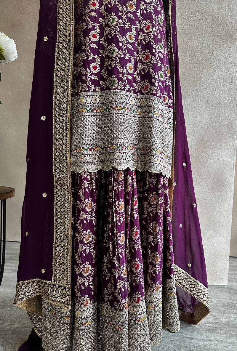 Deep Purple Multi Banarsi Hoor Gharara Set