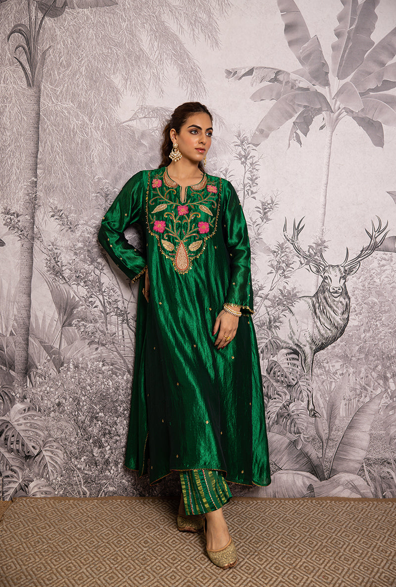 Green Cheent Embroidered Long Yoke Style Shaheen Kurta Set
