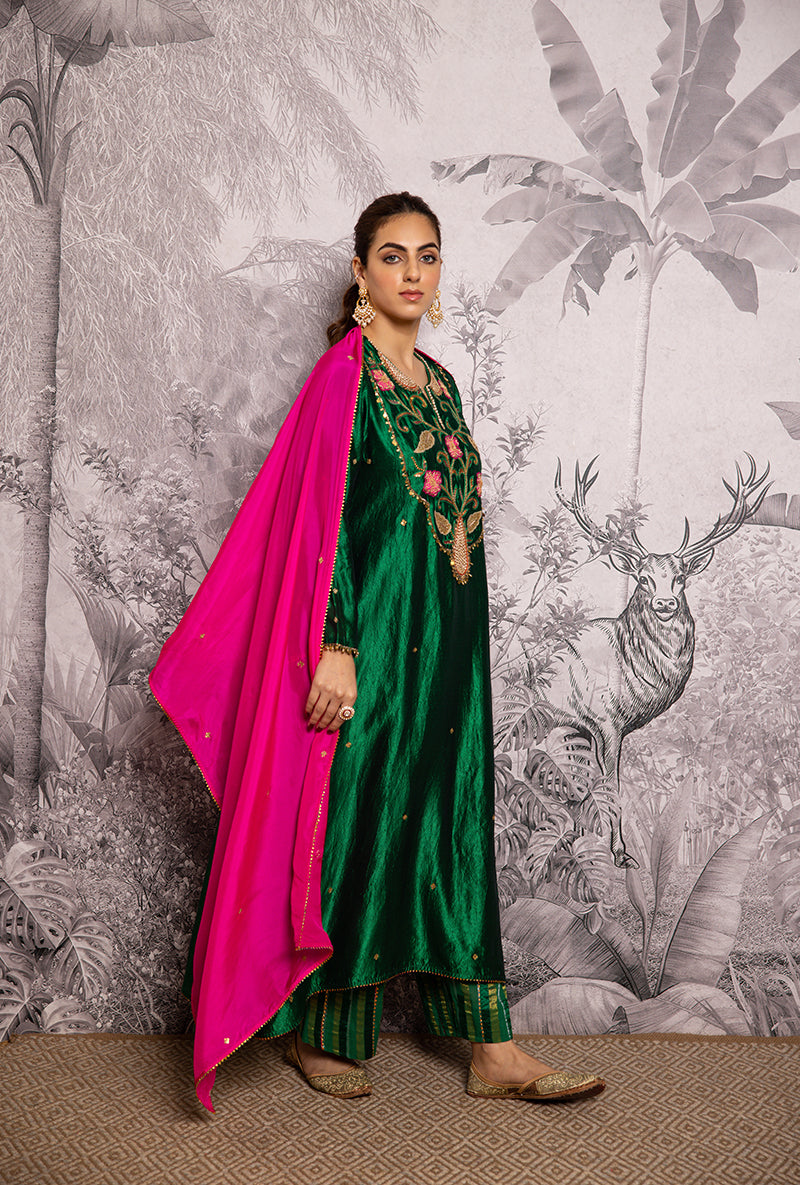 Green Cheent Embroidered Long Yoke Style Shaheen Kurta Set