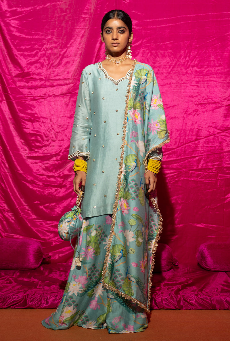 Mint Printed Kamli Sharara Set