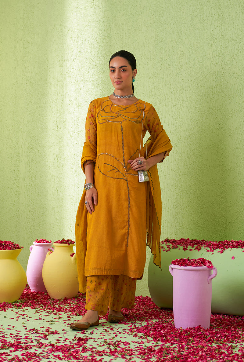 Mustard Rose Butta Tara Kurta Set