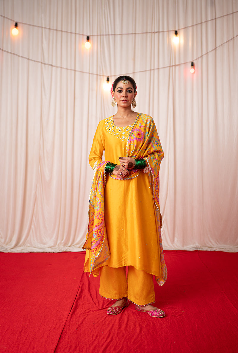 Yellow Embroidered A Line Kikli Kurta Set