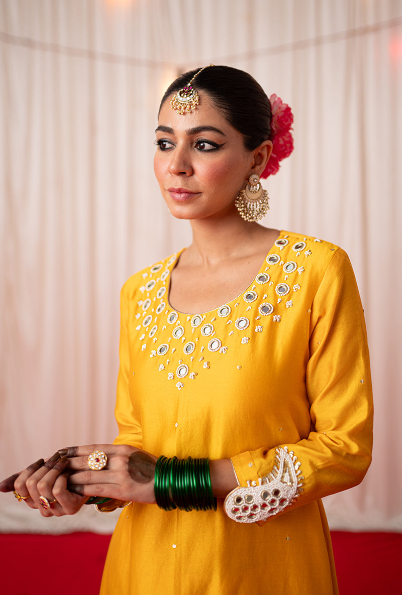 Yellow Embroidered A Line Kikli Kurta Set