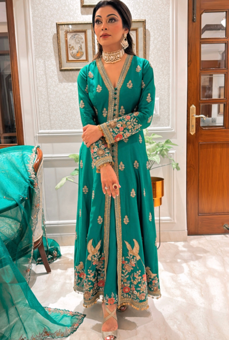 Meghna Nayyar in Green Long Jacket Kurta Set