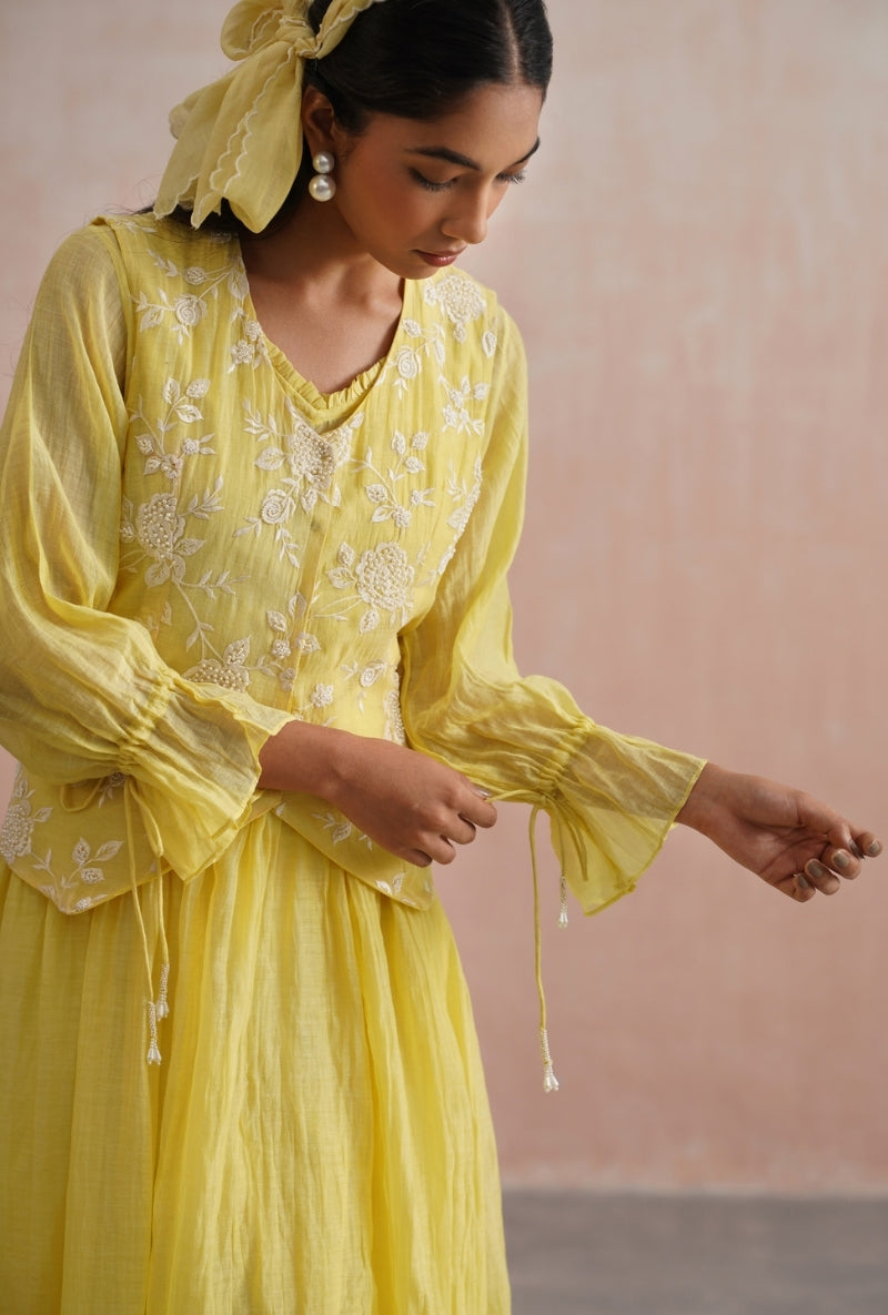 Lemon Yellow Pearl Embroidered Waistcoat Prisha Dress