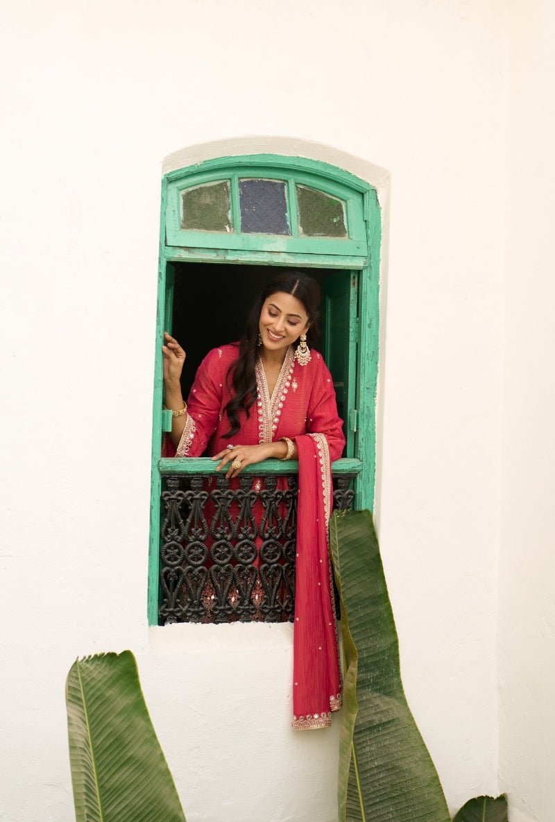 Red Embroidered A-Line Nadira Farshi Salwar Set