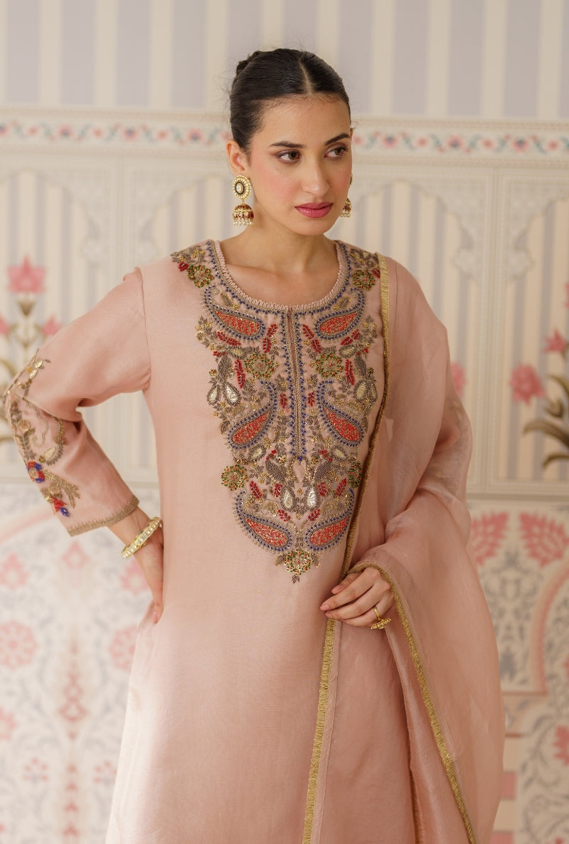 Powder Pink Dabka Long Yoke Mallika Kurta Set