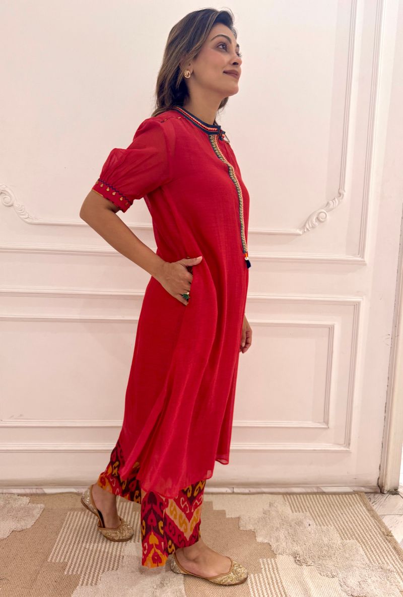 Meghna Nayyar in Red Marodi Embroidery Placket Maeri Kurta Set