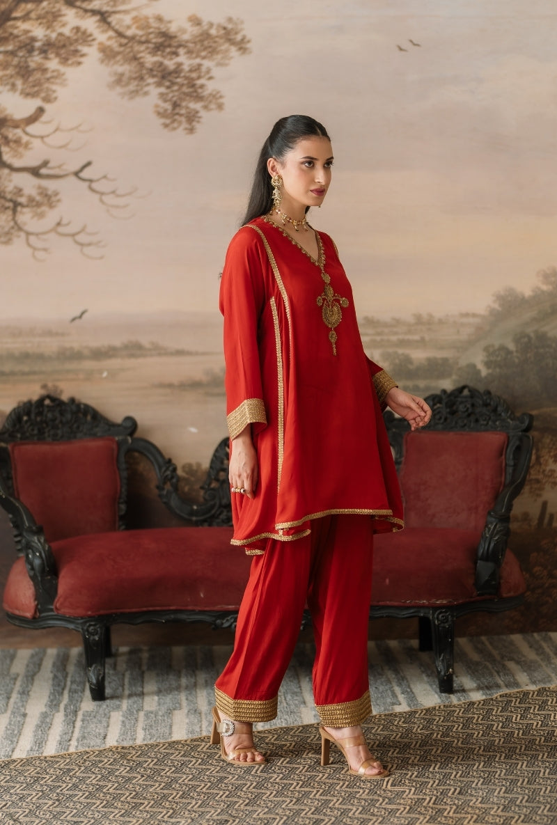 Rust Embroidered Motif Choga Gulbano Salwar Set