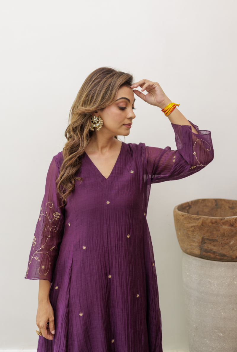 Meghna Nayyar in Purple Zari &amp; Dabka Work Urvi Kurta Set