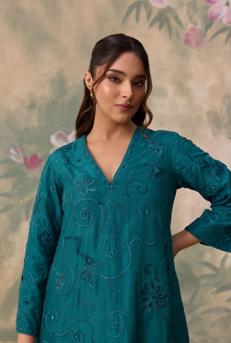 Teal Green All Over Thread Work Jalsa Kurta Set