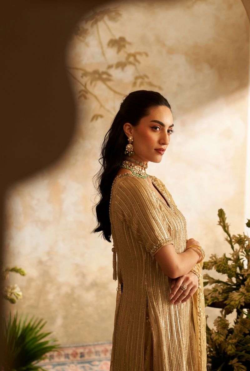 Beige Stripes Sequin Rumi Gharara Set