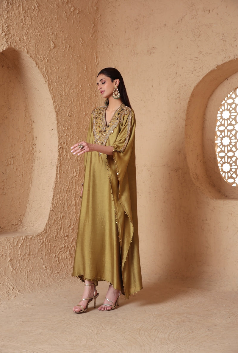 Olive Green V Neck Nihira Kaftan Set