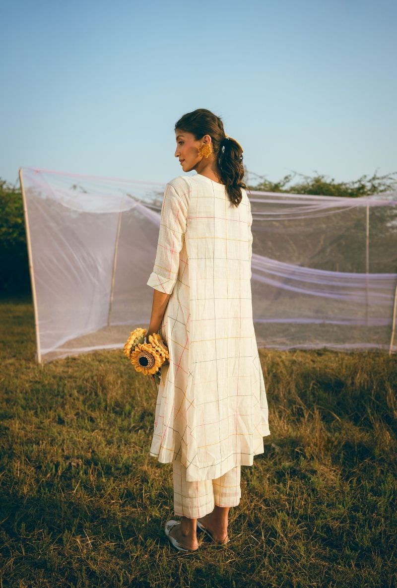 Ivory Colourful Crochet Button Barfi Kurta Set