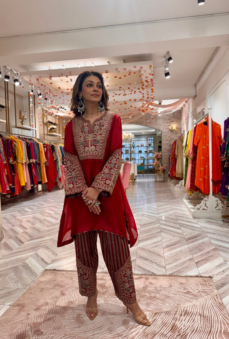 Meghna Nayyar in Red Dori &amp; Sequin Hand Embroidered Mallika Farshi Set