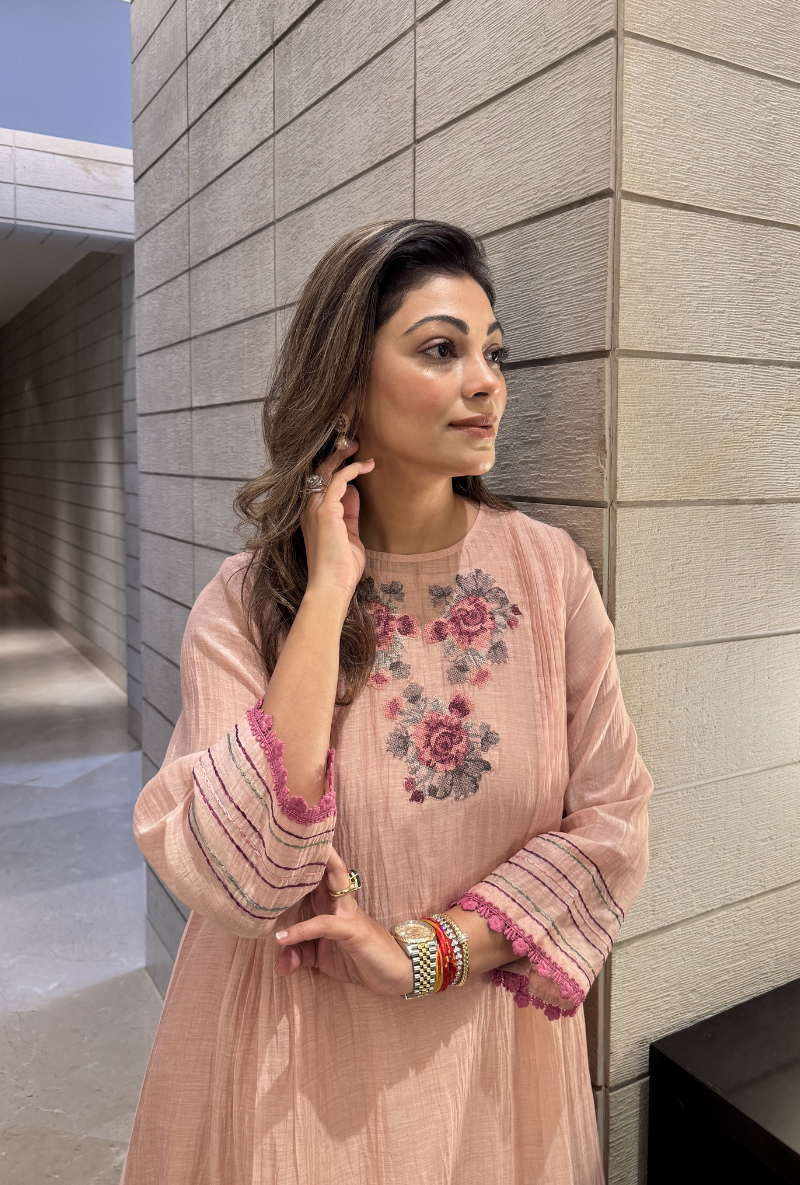 Meghna Nayyar in Soft Pink Floral Embroidered Kurta Set
