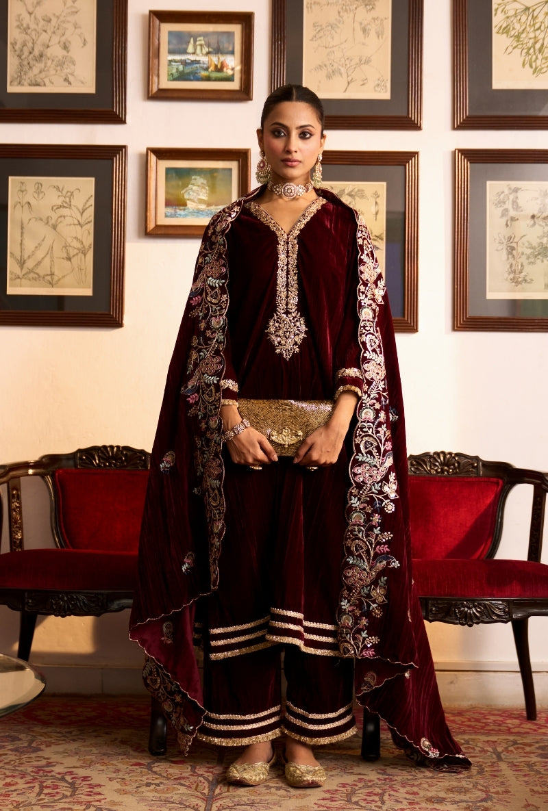 Wine Crushed Velvet Dilbar Kurta Set