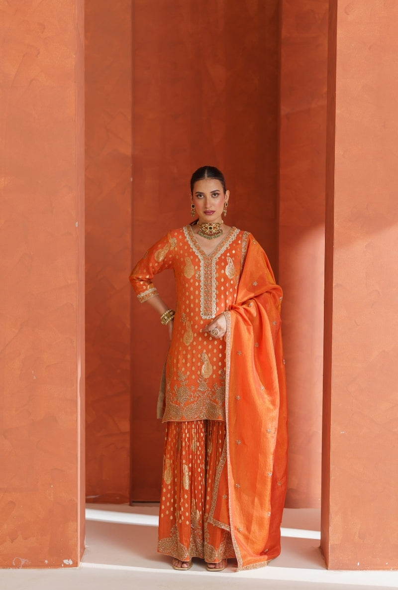Orange Banarsi Vira Gharara Set