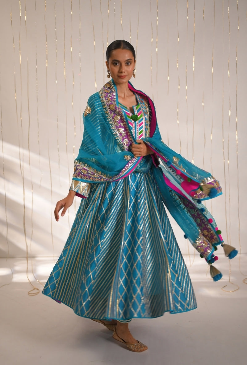 Peacock Blue Gota Lace and Patti Long Mehreen Anarkali Set