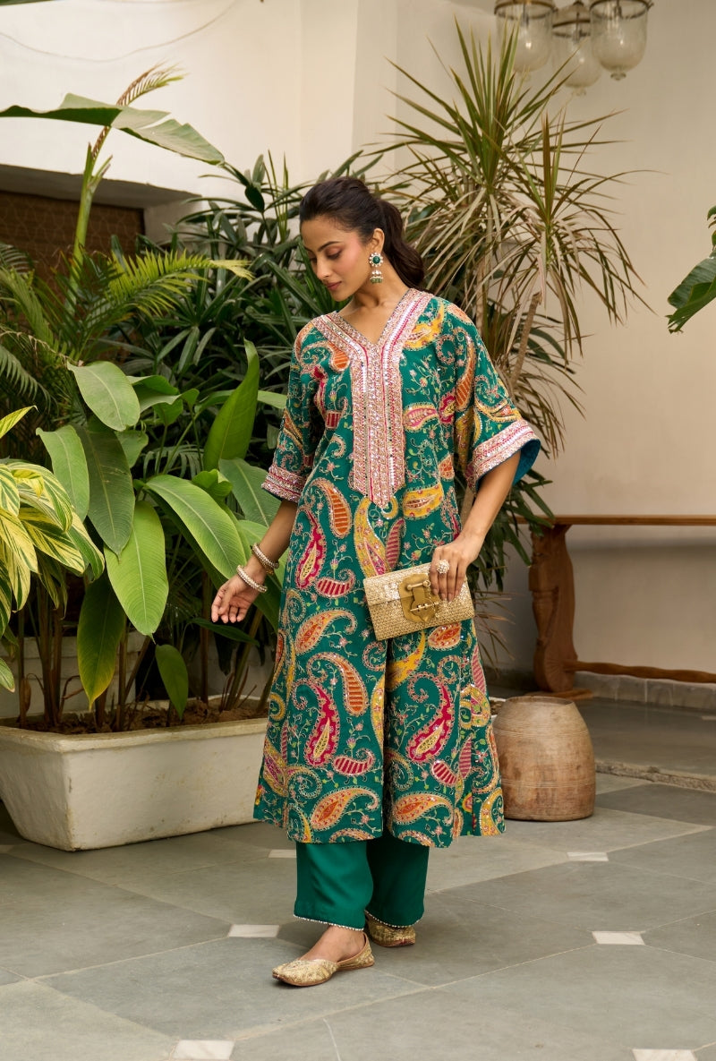 Bottle Green Paisely Print Choga Style Nadira Kurta Set