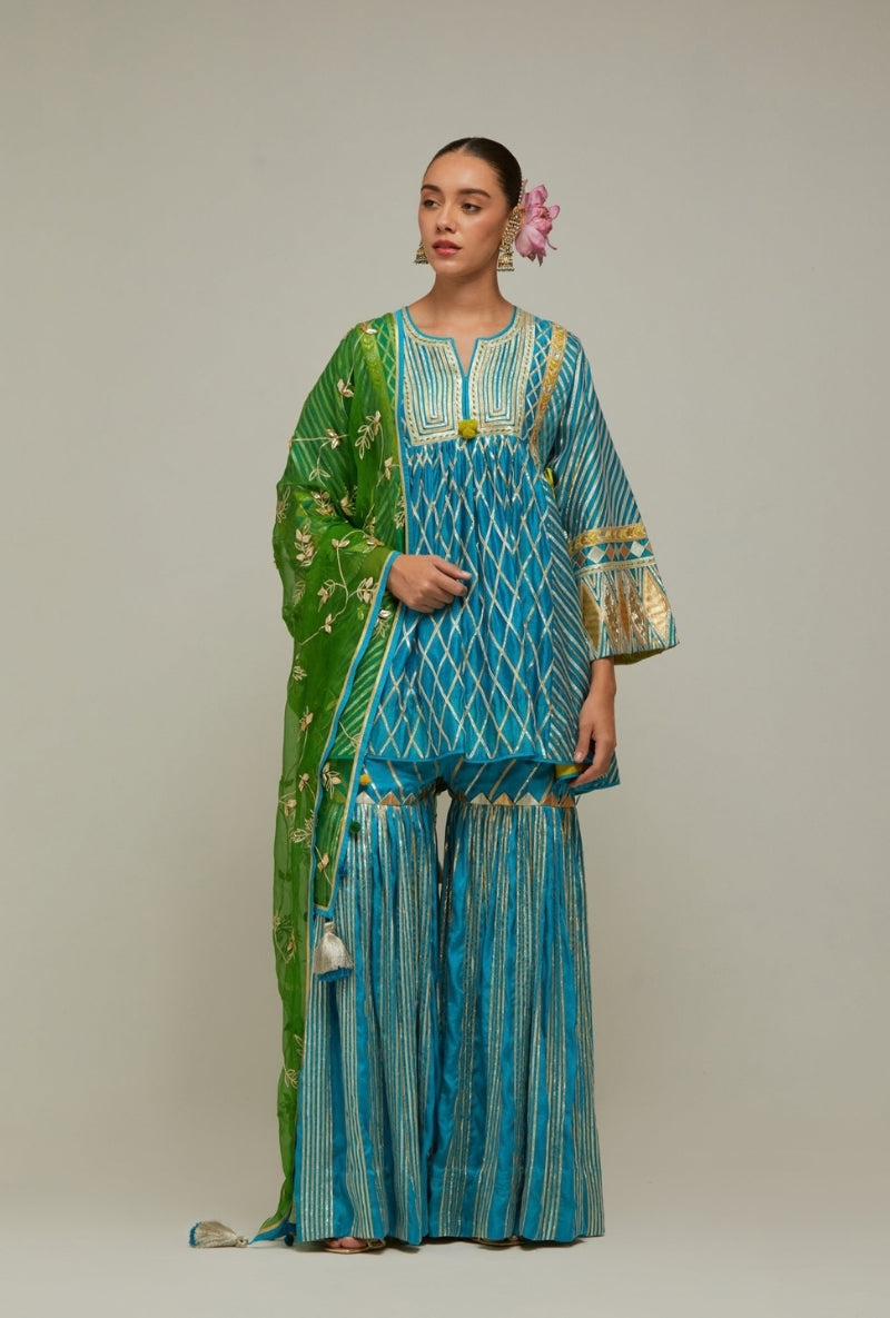 Peacock Blue Short Choga Gota Work Mehreen Sharara Set