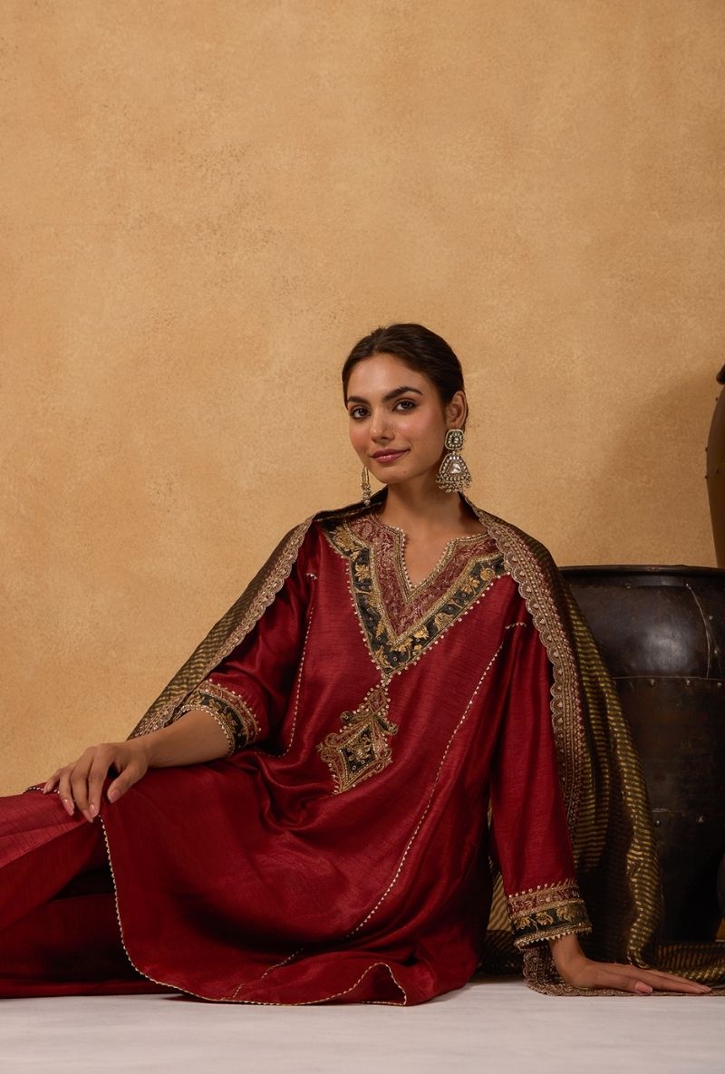 Brick Red Hand Embroidered Yoke Choga Surily Kurta Set