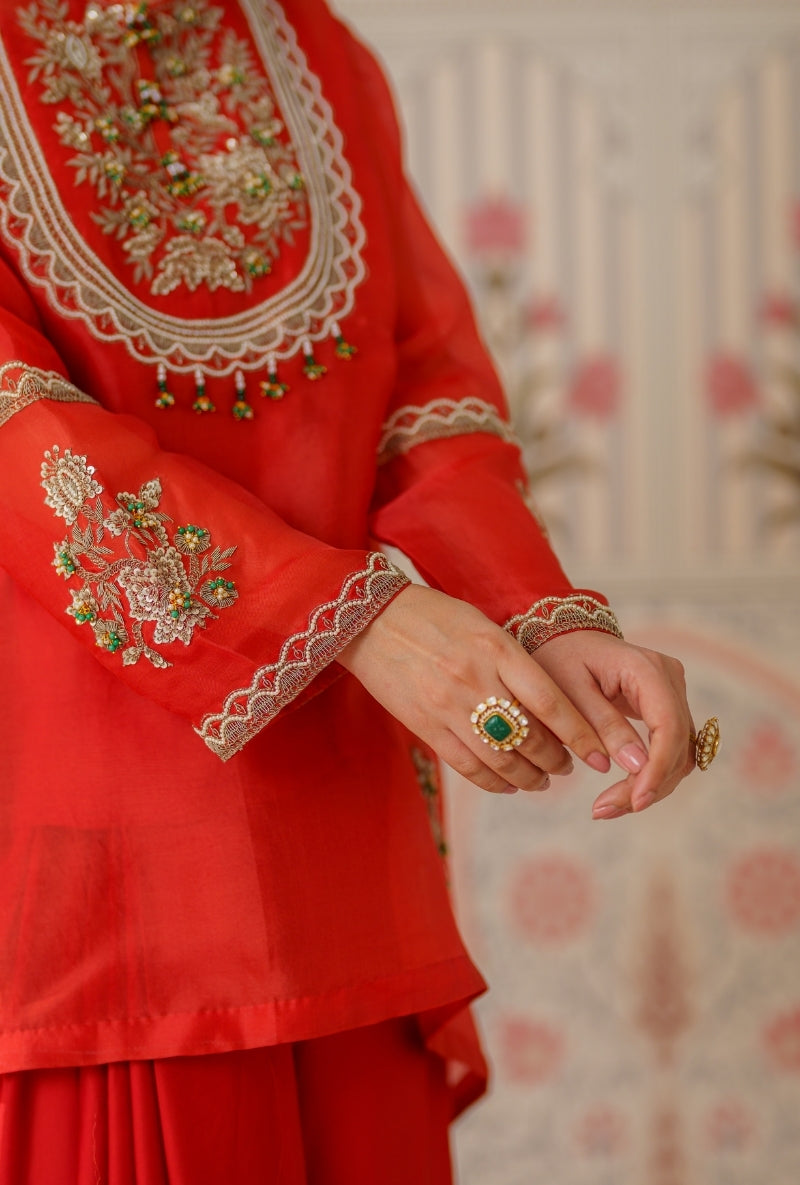 Rust Dabka Long Yoke Mallika Drape Skirt Set