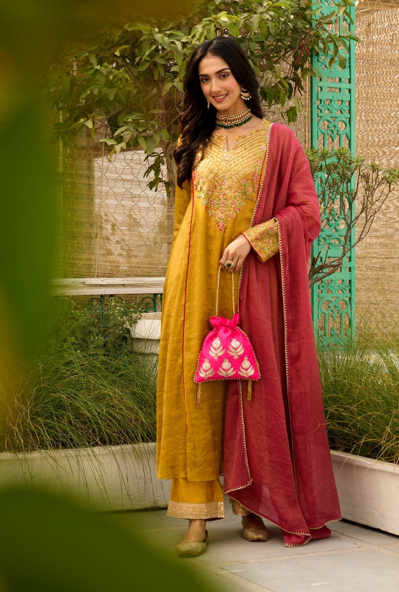 Mustard Heavy Yoke Paneled Sabah Anarkali Set