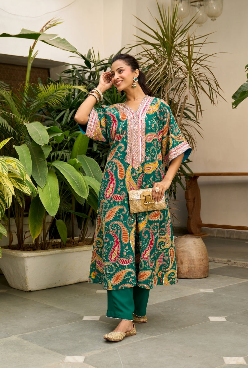 Bottle Green Paisely Print Choga Style Nadira Kurta Set
