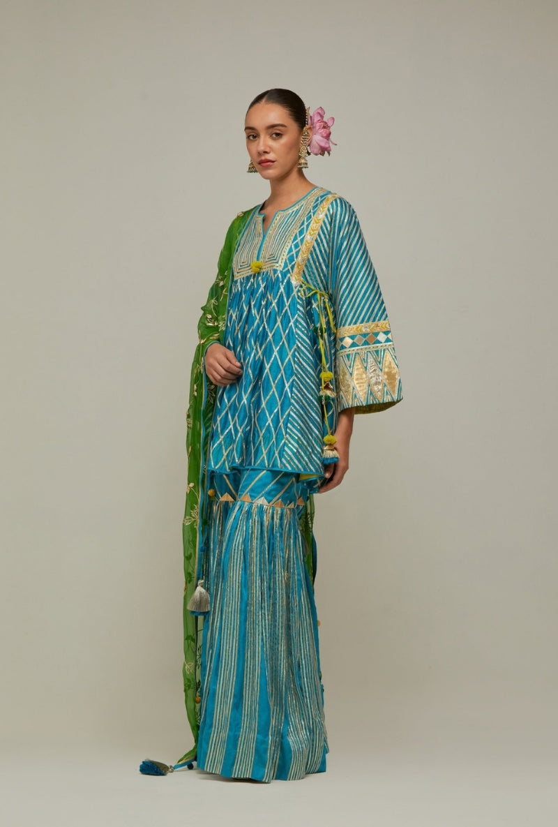 Peacock Blue Short Choga Gota Work Mehreen Sharara Set