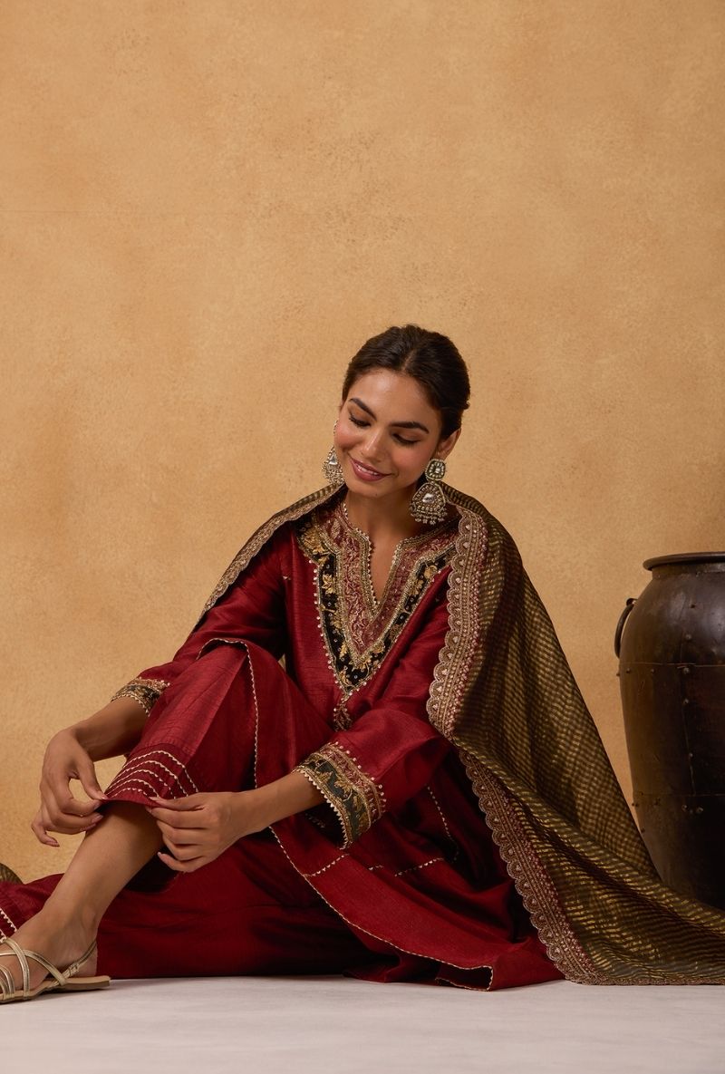 Brick Red Hand Embroidered Yoke Choga Surily Kurta Set