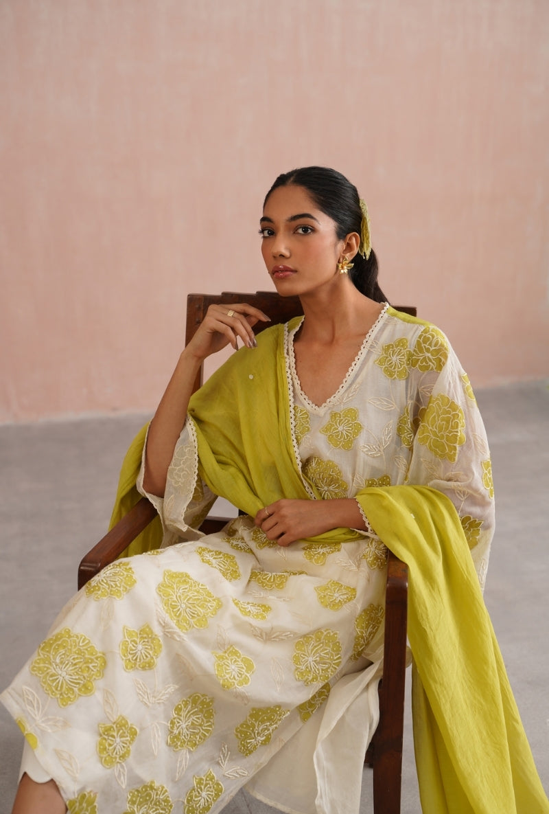 Lime Green Applique and Pearl Embroidered Kurta Set