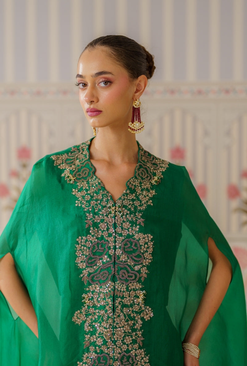 Bottle Green Sequin and Dori Mallika Cape Set