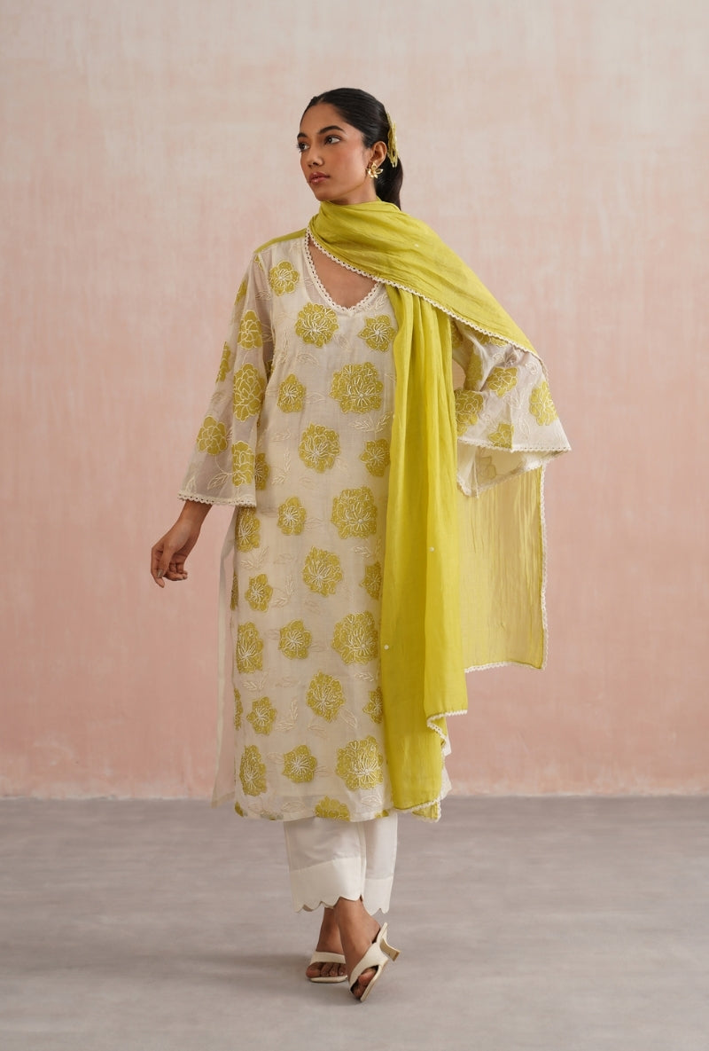 Lime Green Applique and Pearl Embroidered Kurta Set