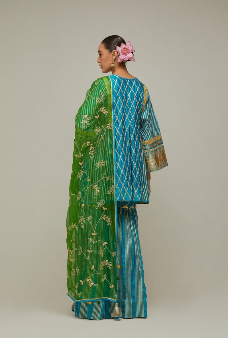Peacock Blue Short Choga Gota Work Mehreen Sharara Set