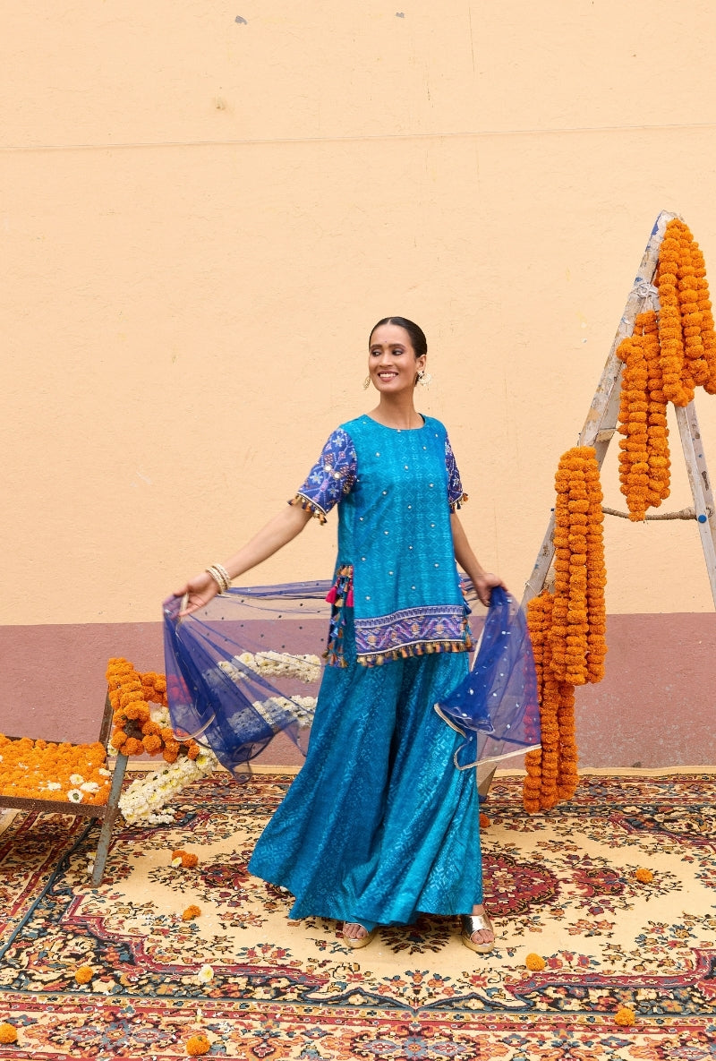 Blue Mirror Work Oorja Sharara Set