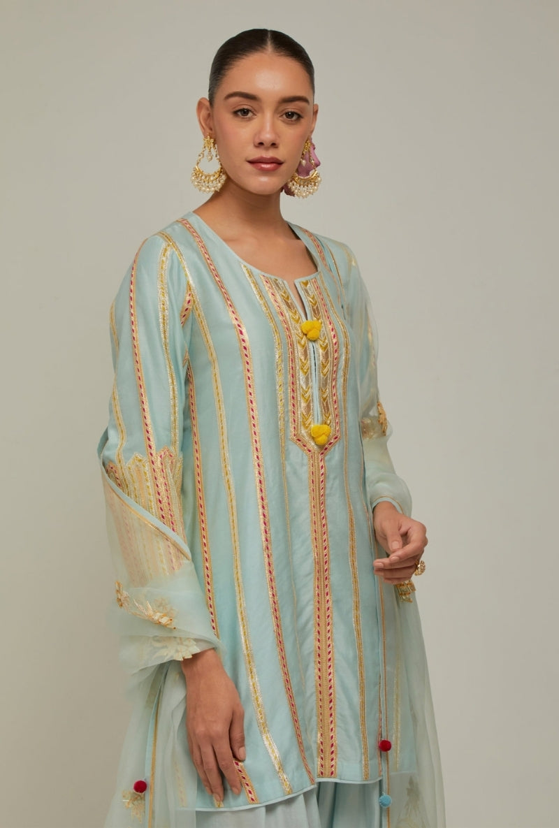 Ice Blue Multistripe Gota Short Kurta Mehreen Farshi Set
