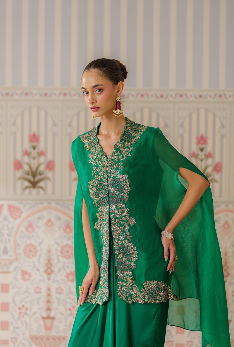 Bottle Green Sequin and Dori Mallika Cape Set