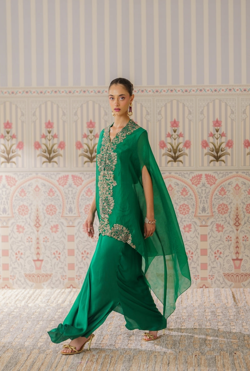 Bottle Green Sequin and Dori Mallika Cape Set