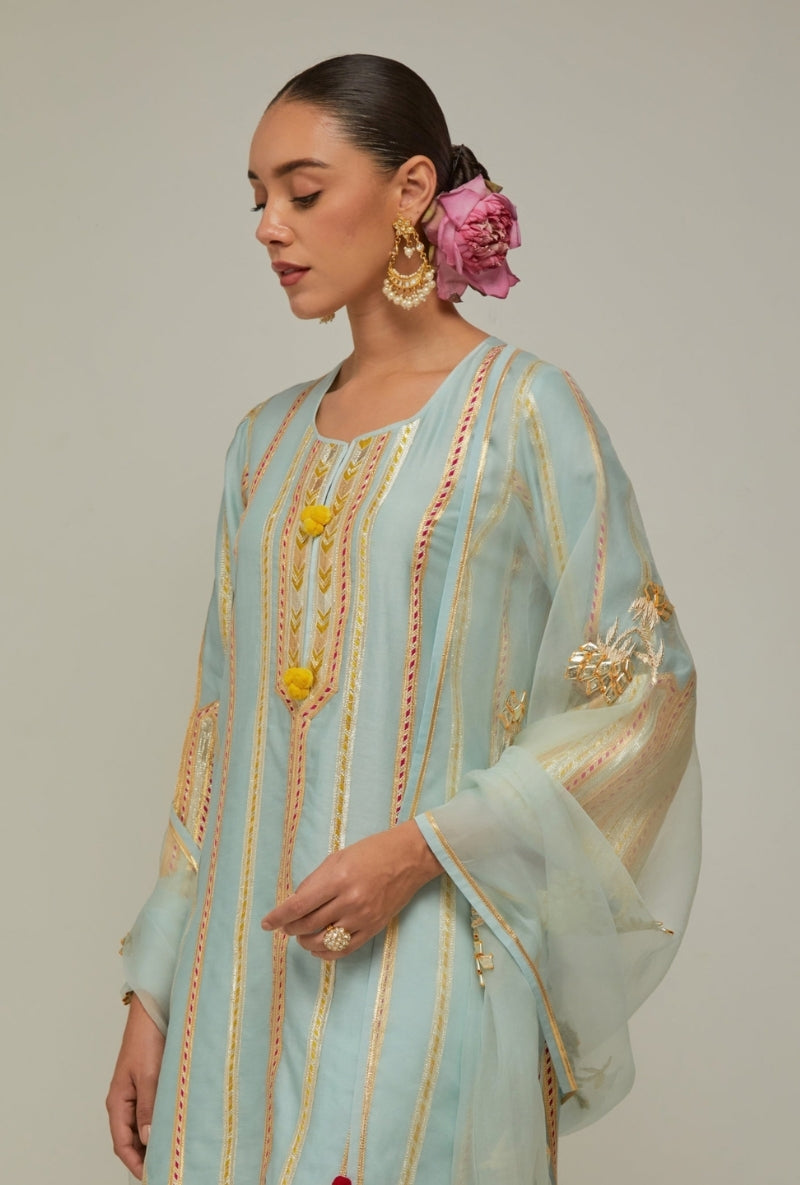 Ice Blue Multistripe Gota Short Kurta Mehreen Farshi Set