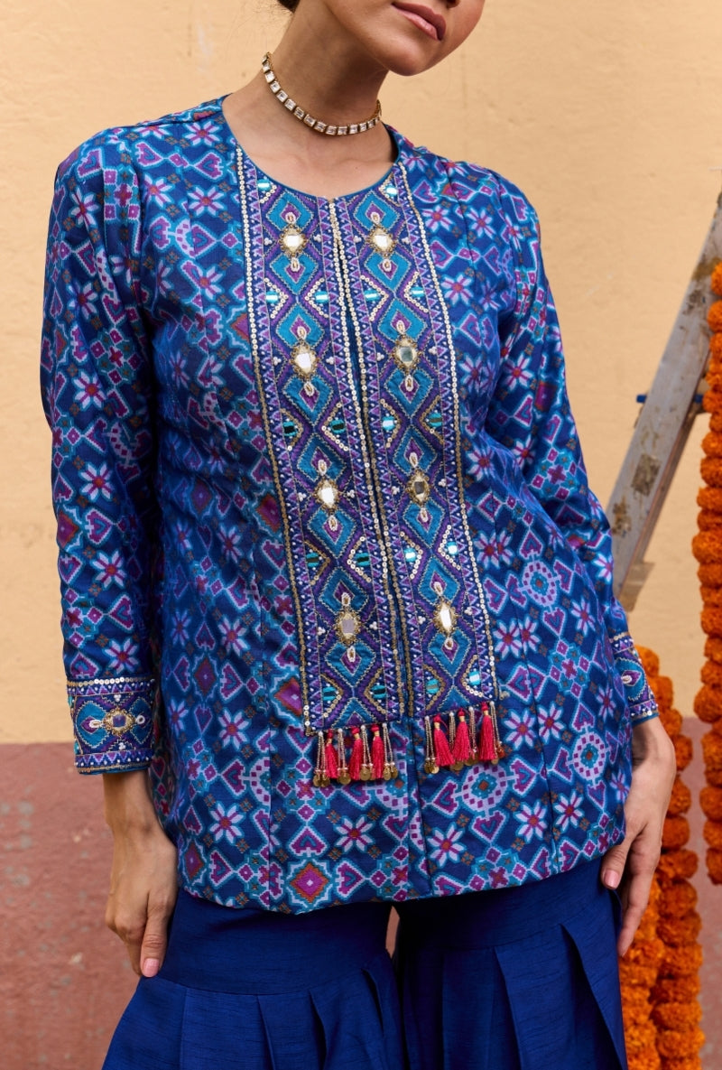 Blue Patola Embroidered Mirror And Zari  Work Oorja Jacket Set