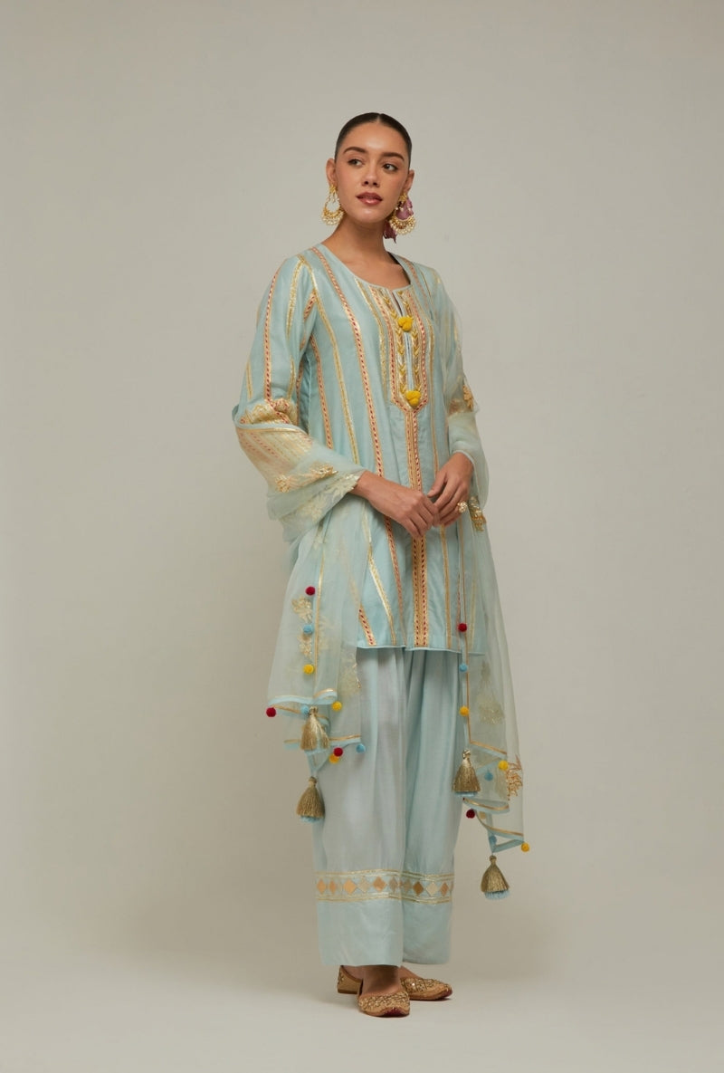 Ice Blue Multistripe Gota Short Kurta Mehreen Farshi Set
